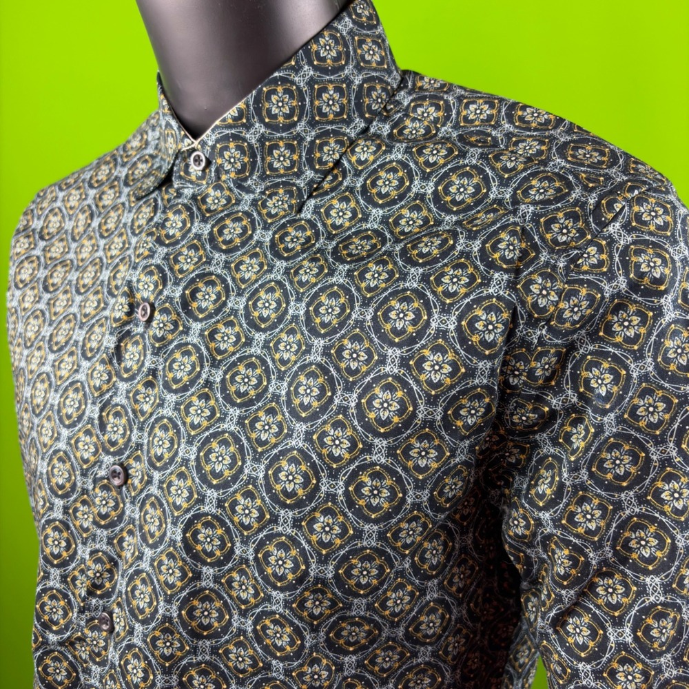 Consequence Geometric AOP Stretch Shirt Mens M Taylor Tile Black/Blue SS Btn Up